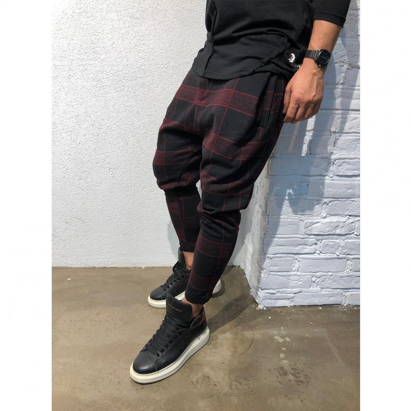 Men Casual Trousers Tight Trousers Foot Loose Long Pants  Red wine_M