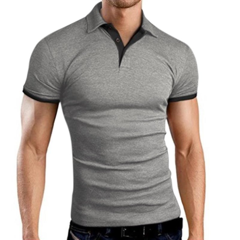 Men Classic Slim Shirt Short Sleeve Hit Color Casual Simple Tops  gray_XL
