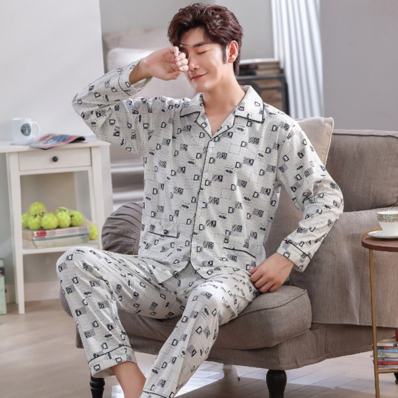 Men Comfortable Spring and Autumn Cotton Long Sleeve Casual Breathable Home Wear Set Pajamas 5639_XL