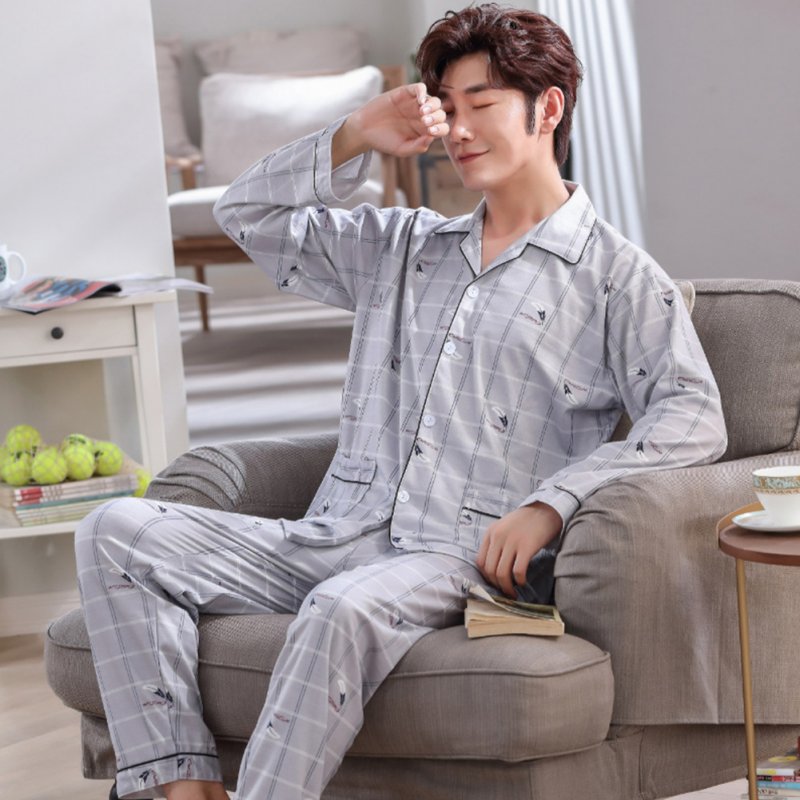 Men Comfortable Spring and Autumn Cotton Long Sleeve Casual Breathable Home Wear Set Pajamas 5638_XXL
