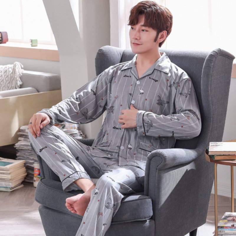 Men Comfortable Spring and Autumn Cotton Long Sleeve Casual Breathable Home Wear Set Pajamas 5637_L