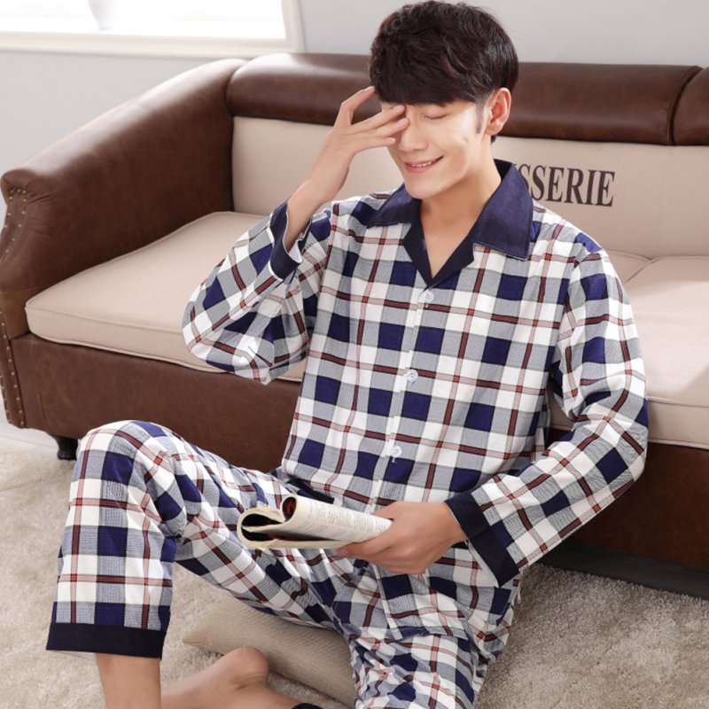 Men Comfortable Spring and Autumn Cotton Long Sleeve Casual Breathable Home Wear Set Pajamas 5611_XL