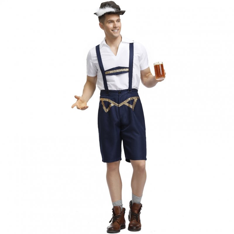 Men Cosplay Bavarian Traditional Suits Plaid Shirts + Suspender Pants+ Cap  Navy_XL