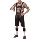 Men Cosplay Bavarian Traditional Suits Plaid Shirts + Suspender Pants+ Cap Clothes Coffee_L