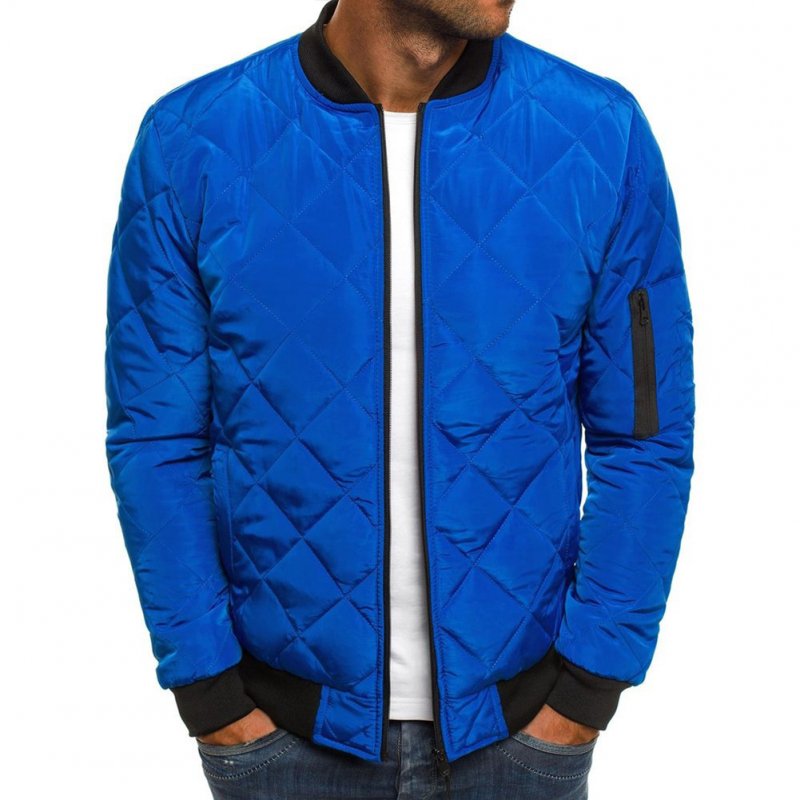 Men Cotton Jacket Coat Plaid Stand Collar Simple Solid Color Autumn Winter Overcoat Royal blue_M