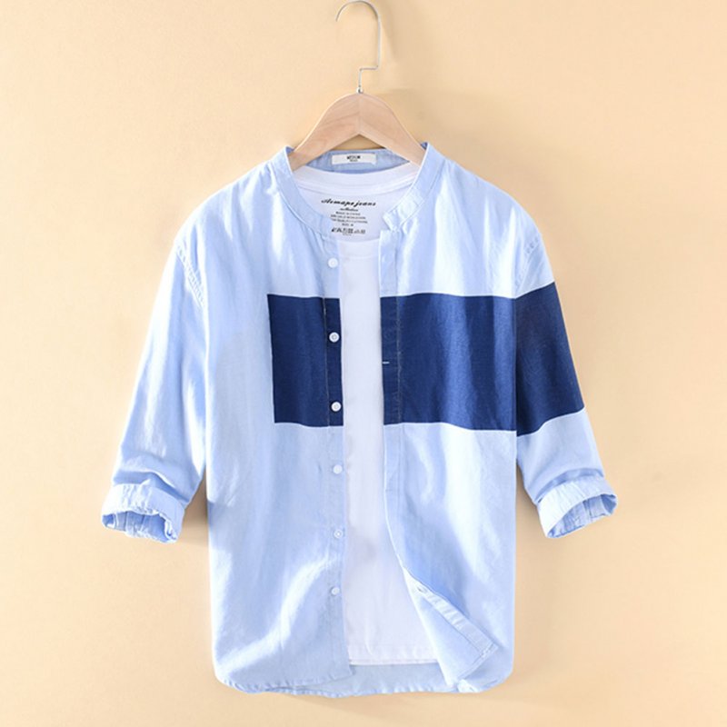 Men Cotton Linen Shirt Summer Lapel Splicing Casual Three Quarter Sleeve Loose Tops Light blue_XL