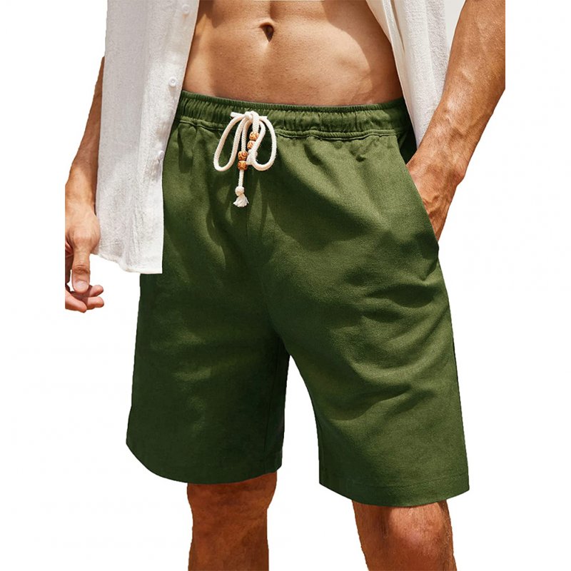 Men Cotton Linen Shorts With Pockets Large Size Casual Loose Breathable Straight Pants Army Green 4XL
