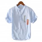 Men Cotton Linen T Shirt Summer Lapel Thin Retro Casual Middle Sleeve Tops Blue L