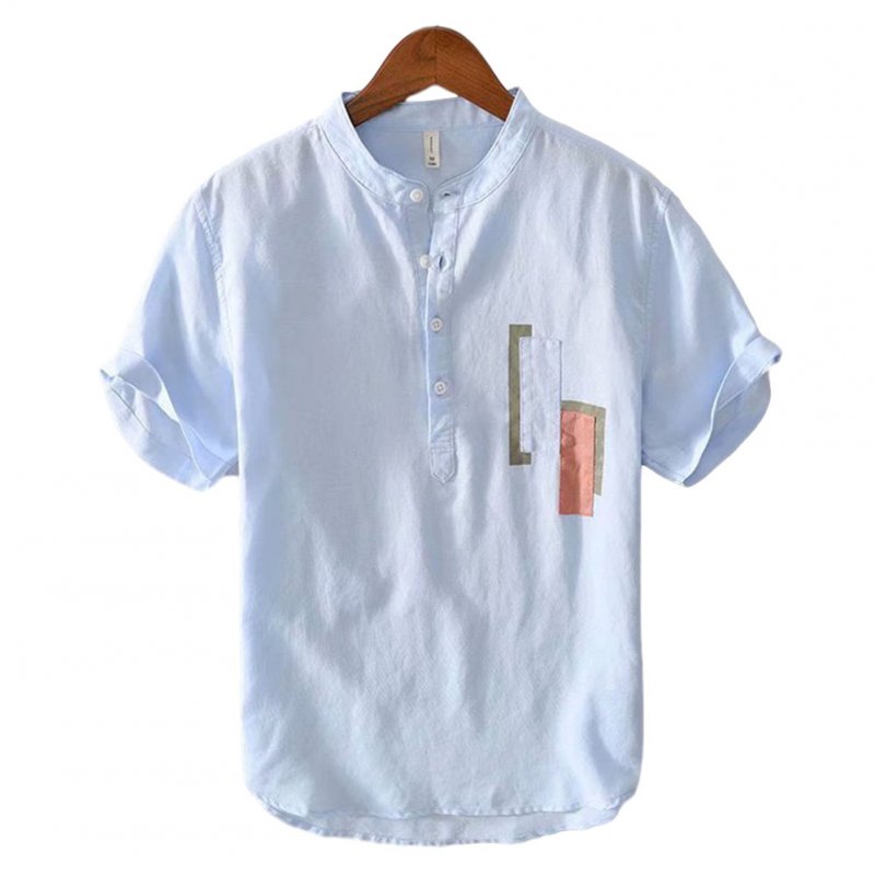 Men Cotton Linen T Shirt Summer Lapel Thin Retro Casual Middle Sleeve Tops Blue_L