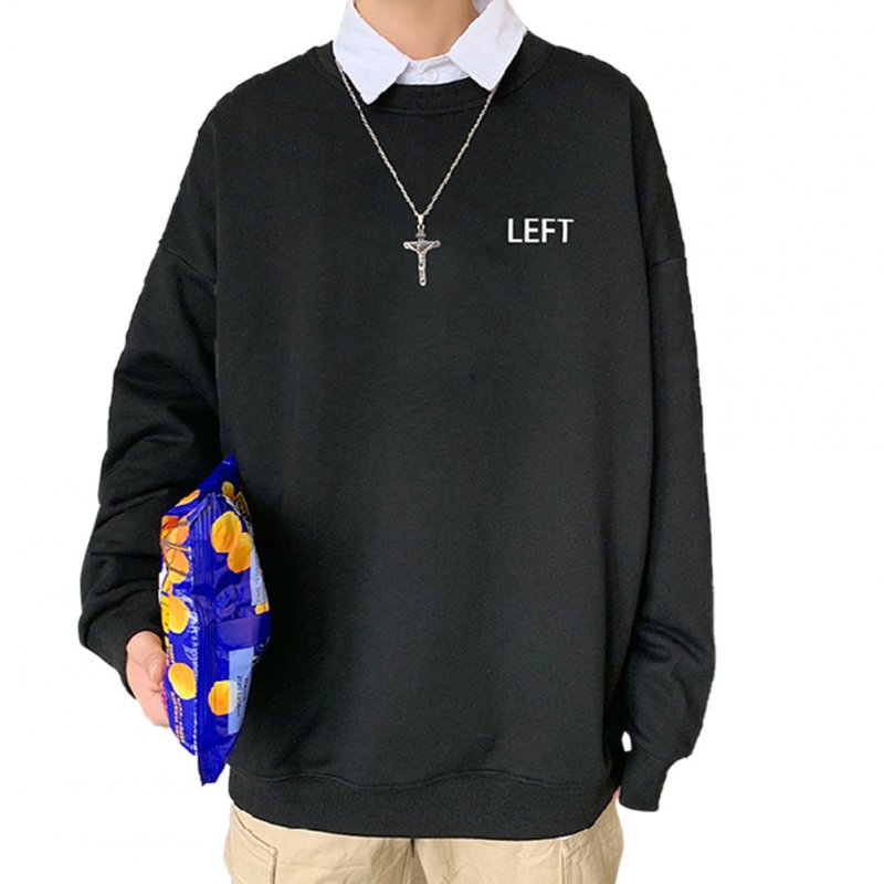 Men Crew Neck Sweatshirt Solid Color Printing LEFT Loose Casual Male Pullover Tops Black _XL