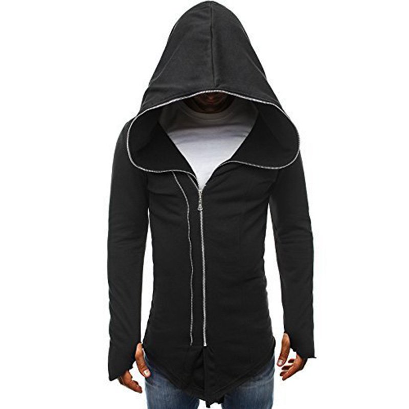 Men Dark Cloak Design Hoodie Fashionable Warm Hooded Pullover Top with Zipper Closure black_M