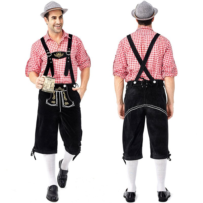 Men Embroidery Suspender Pants Plaid Shirts for Cosplay Party Festival