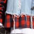 Men Fake Two Pieces Denim Jacket Plaid Short Fashion Coat  260 red plaid  light blue M