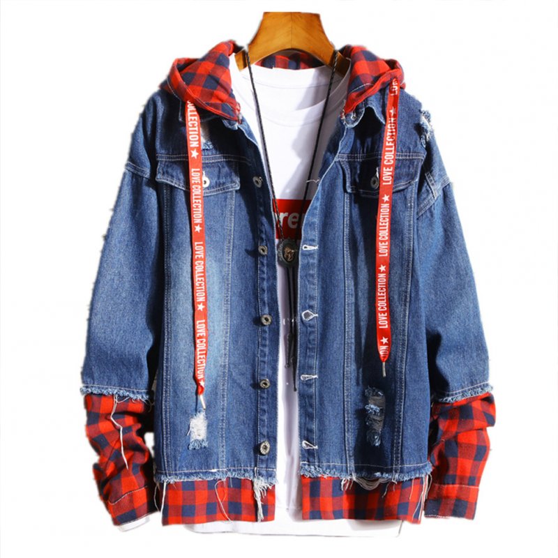 Men Fake Two Pieces Denim Jacket Plaid Short Fashion Coat  260 red plaid - dark blue_XXL