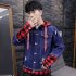 Men Fake Two Pieces Denim Jacket Plaid Short Fashion Coat  260 red plaid   dark blue XXL