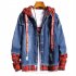 Men Fake Two Pieces Denim Jacket Plaid Short Fashion Coat  260 red plaid   dark blue S