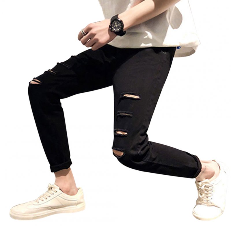 Men Fashion Black Ninth Pants Broken Hole Jeans C58 black_29#