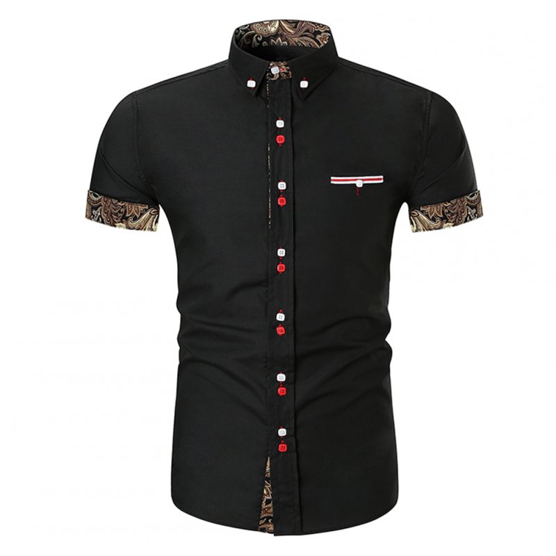 Men Fashion Button Design Lapel Shirt with Pocket Matching Color Cotton Shirt black_XL
