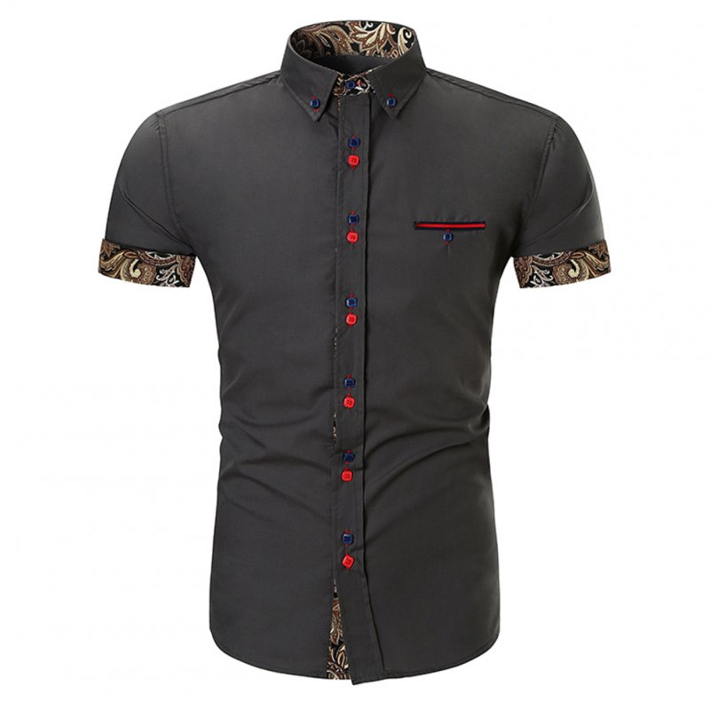 Men Fashion Button Design Lapel Shirt with Pocket Matching Color Cotton Shirt Dark grey_M