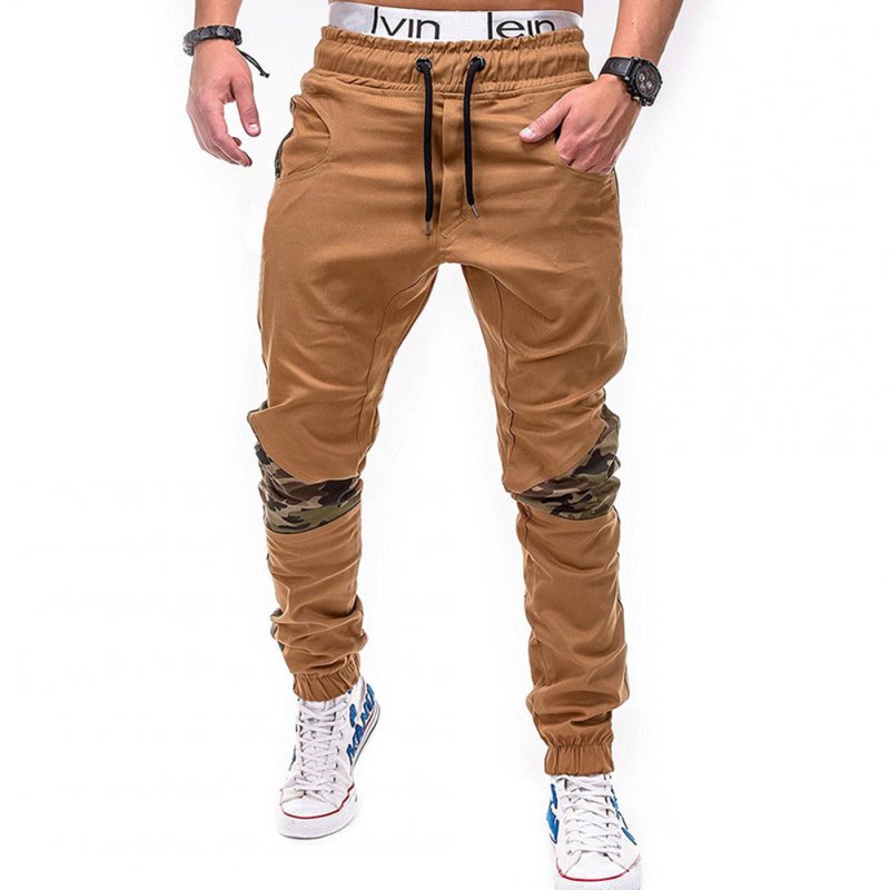 Men Fashion Camouflage Stitching Trousers Tight Trousers Foot Loose Casual Trousers  Khaki_M