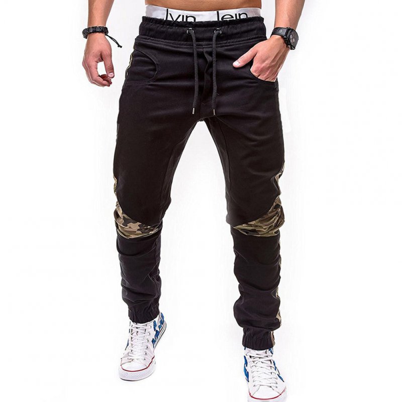Men Fashion Camouflage Stitching Trousers Tight Trousers Foot Loose Casual Trousers  black_M