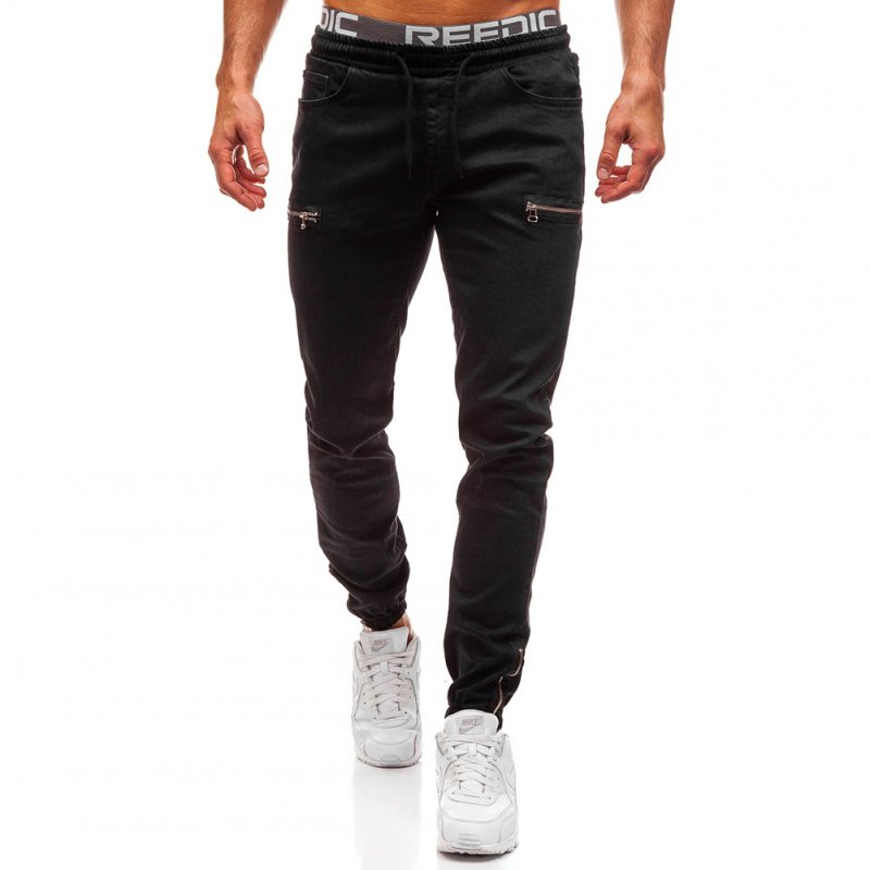 Men Fashion Casual Loose Frosted Zip Up Sports Jeans Denim Pants Trousers black_L