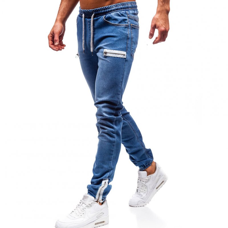 Men Fashion Casual Loose Frosted Zip Up Sports Jeans Denim Pants Trousers Navy blue_M