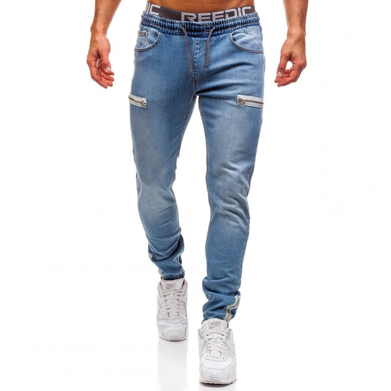 Men Fashion Casual Loose Frosted Zip Up Sports Jeans Denim Pants Trousers Light blue_2XL