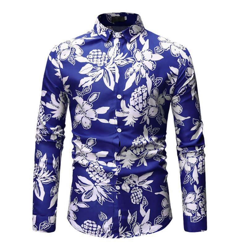 Men Fashion Casual Printing Stand Collar Long Sleeve T-shirt blue_L