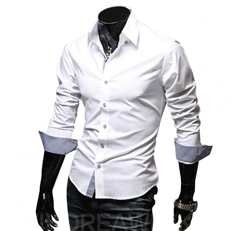 Men Fashion Casual Solid Color Long Sleeve Slim Shirts  white_L