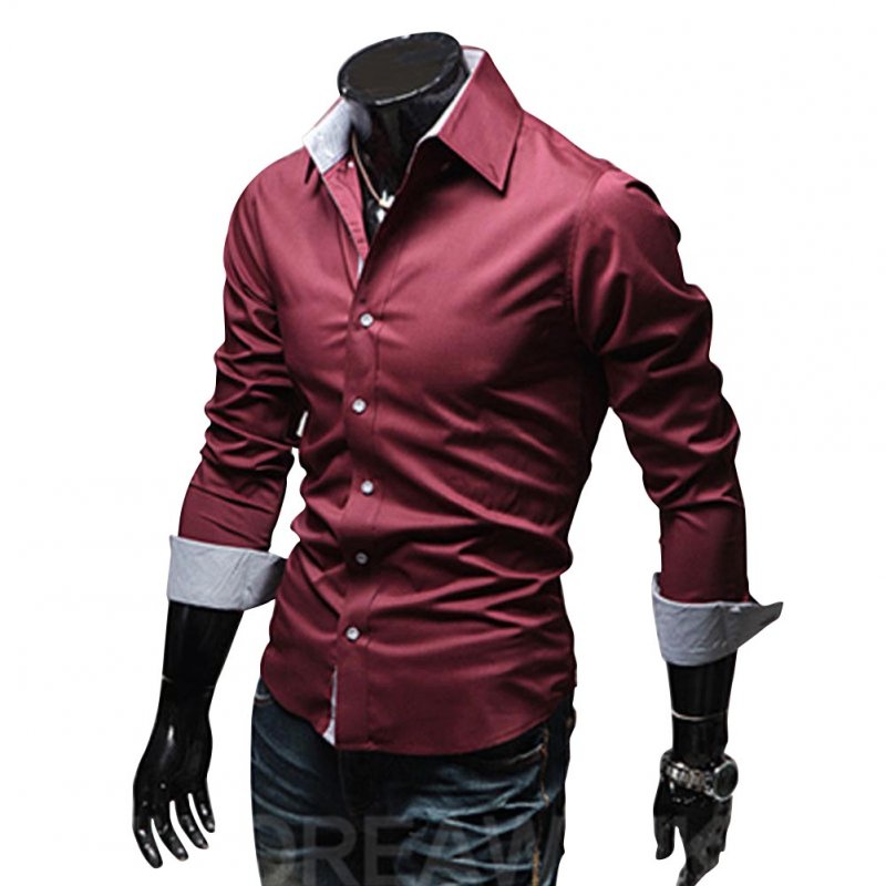 Men Fashion Casual Solid Color Long Sleeve Slim Shirts  Red wine_XXL