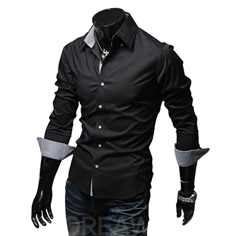 Men Fashion Casual Solid Color Long Sleeve Slim Shirts  black_XL