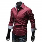 Men Fashion Casual Solid Color Long Sleeve Slim Shirts  Red wine L