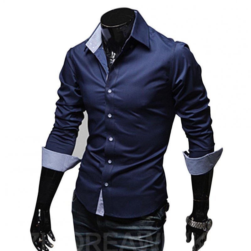 Men Fashion Casual Solid Color Long Sleeve Slim Shirts  Navy blue_L