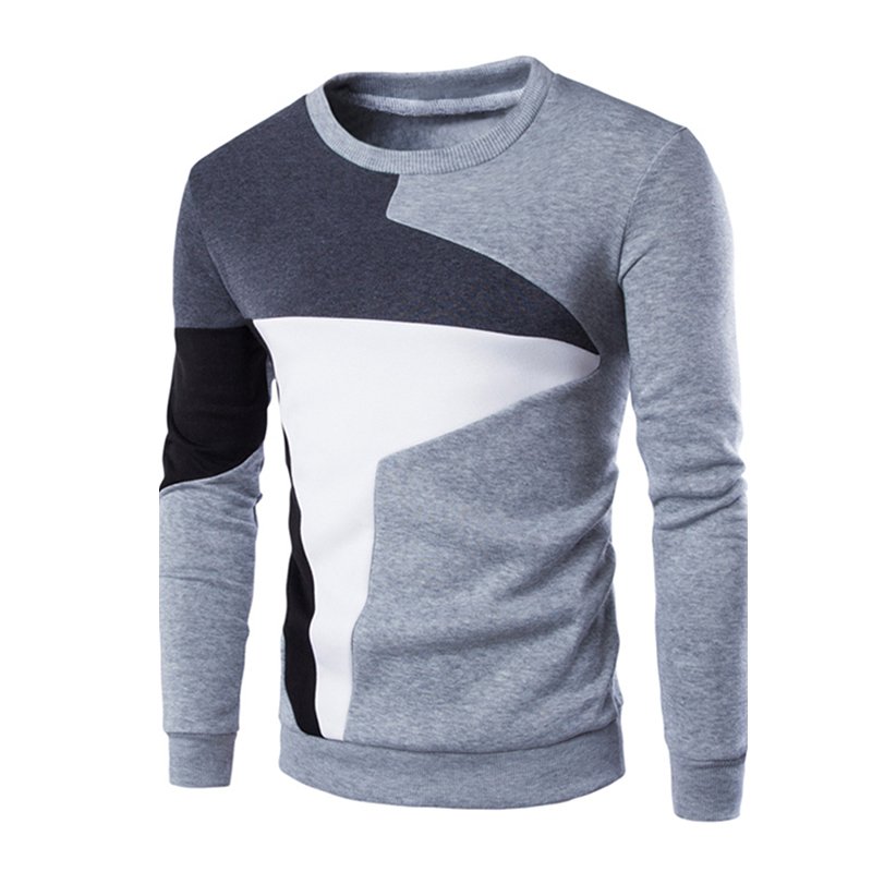 Men Fashion Chic Hit Color Long Sleeve Sweater Simple Casual Sweatshirt Pullover light grey_L