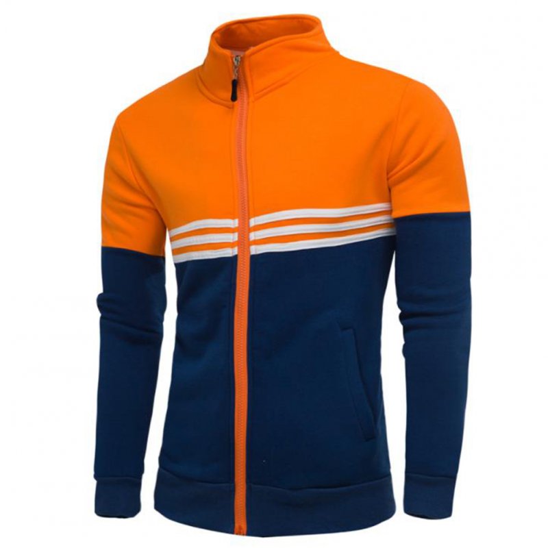 Men Fashion Coat Colour Matching Stand Collar Long SLeeve Jacket  Orange_M