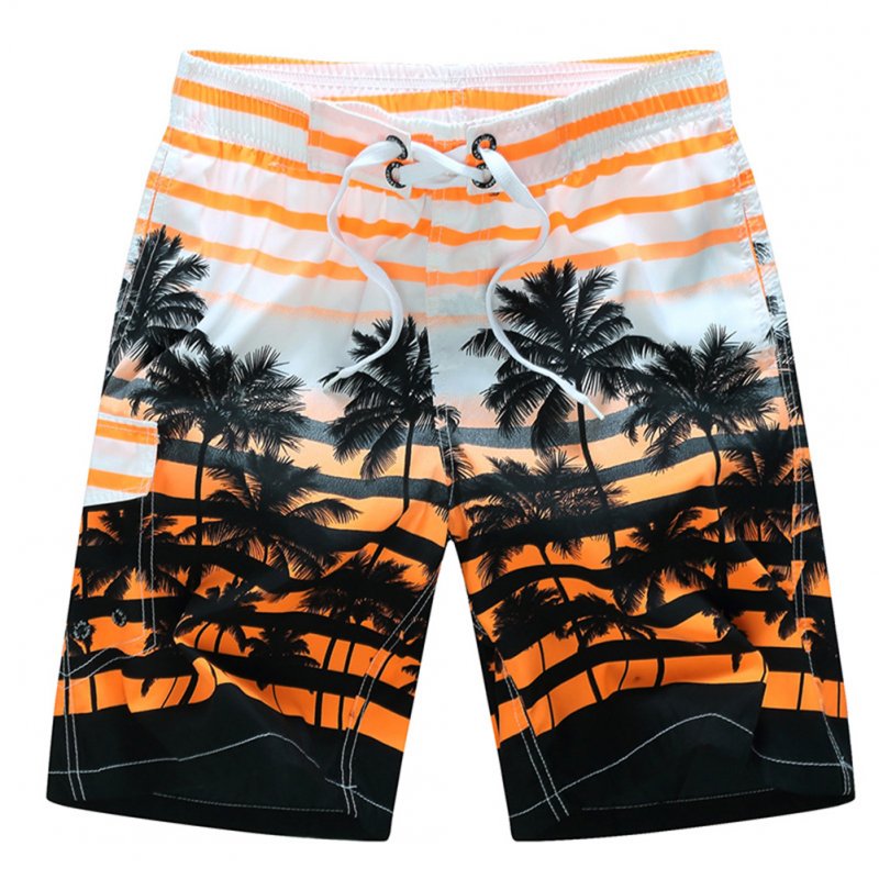 Men Fashion Coconut Tree Printed Quick Dry Beach Pants  Orange_XL