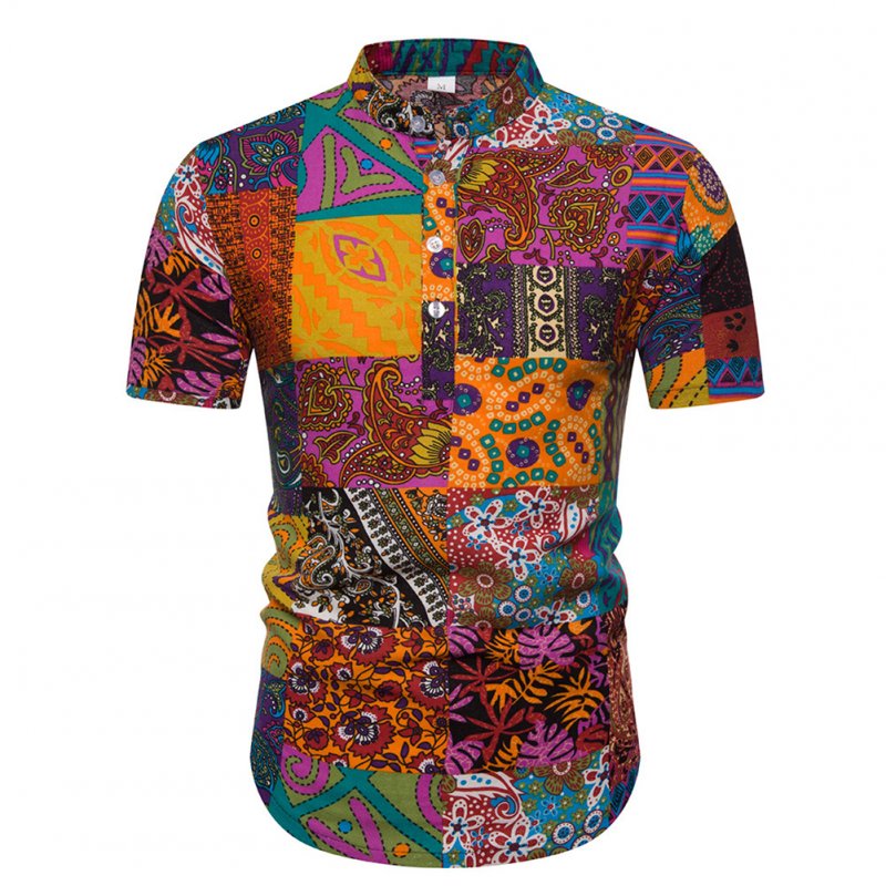 Men Fashion Ethnic Style Stand Collar Pullover Short Sleeve Shirt as shown_3XL