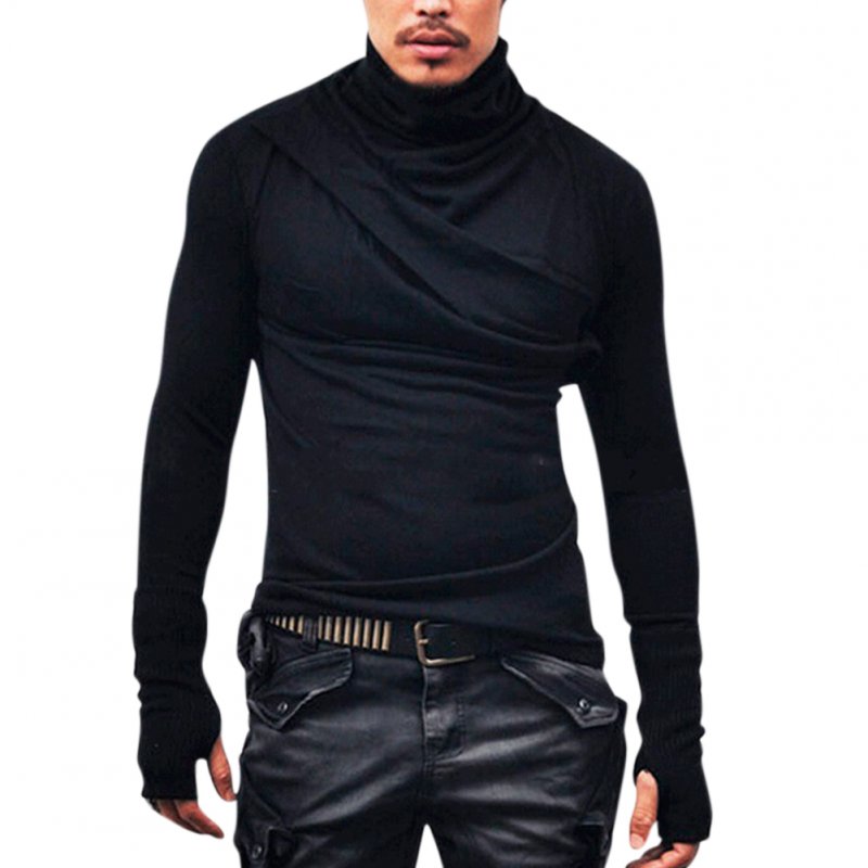 Men Fashion Heap Collar Shirt Super Long Sleeve with Gloves Casual Shirt Solid Color Tops black_XXL