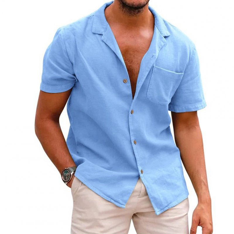 Men Fashion Lapel T-shirt Short Sleeves Linen Cardigan Tops Casual Solid Color Loose Large Size Shirt light blue L