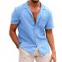 Men Fashion Lapel T shirt Short Sleeves Linen Cardigan Tops Casual Solid Color Loose Large Size Shirt light blue XL