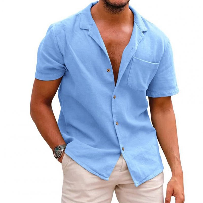 Men Fashion Lapel T-shirt Short Sleeves Linen Cardigan Tops Casual Solid Color Loose Large Size Shirt light blue XL