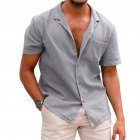 Men Fashion Lapel T-shirt Short Sleeves Linen Cardigan Tops Casual Solid Color Loose Large Size Shirt grey M