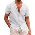 Men Fashion Lapel T shirt Short Sleeves Linen Cardigan Tops Casual Solid Color Loose Large Size Shirt grey S