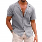 Men Fashion Lapel T-shirt Short Sleeves Linen Cardigan Tops Casual Solid Color Loose Large Size Shirt grey L