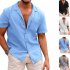 Men Fashion Lapel T shirt Short Sleeves Linen Cardigan Tops Casual Solid Color Loose Large Size Shirt White S