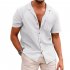 Men Fashion Lapel T shirt Short Sleeves Linen Cardigan Tops Casual Solid Color Loose Large Size Shirt White XL