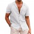 Men Fashion Lapel T shirt Short Sleeves Linen Cardigan Tops Casual Solid Color Loose Large Size Shirt White XL
