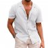 Men Fashion Lapel T shirt Short Sleeves Linen Cardigan Tops Casual Solid Color Loose Large Size Shirt White XL