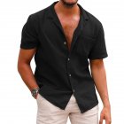 Men Fashion Lapel T-shirt Short Sleeves Linen Cardigan Tops Casual Solid Color Loose Large Size Shirt black S